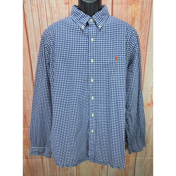 Ralph Lauren Mens XXL Blue & White Gingham Long Sleeve Dress Shirt Cotton - Picture 1 of 8